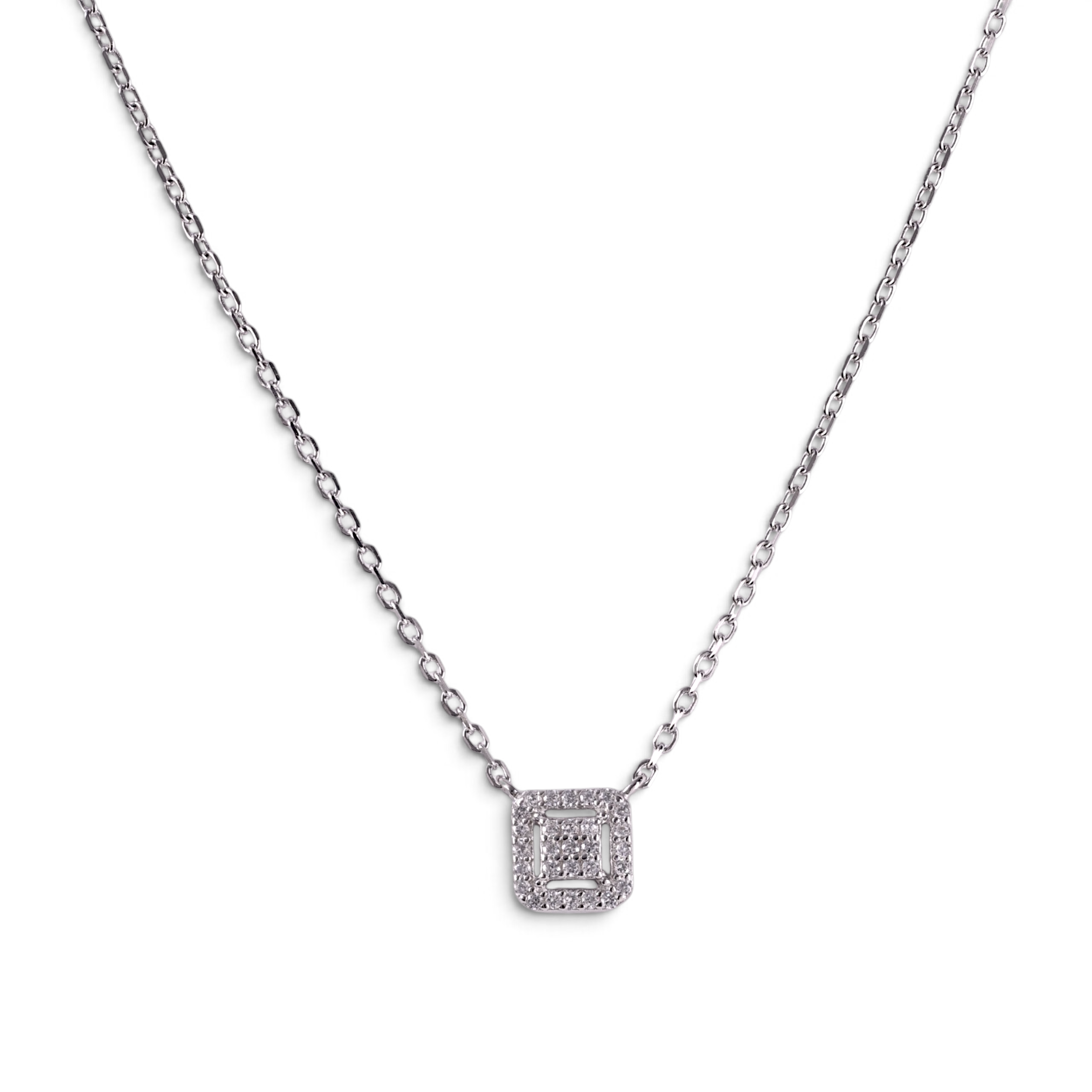 Square Halo Pendant Necklace-Sterling Silver