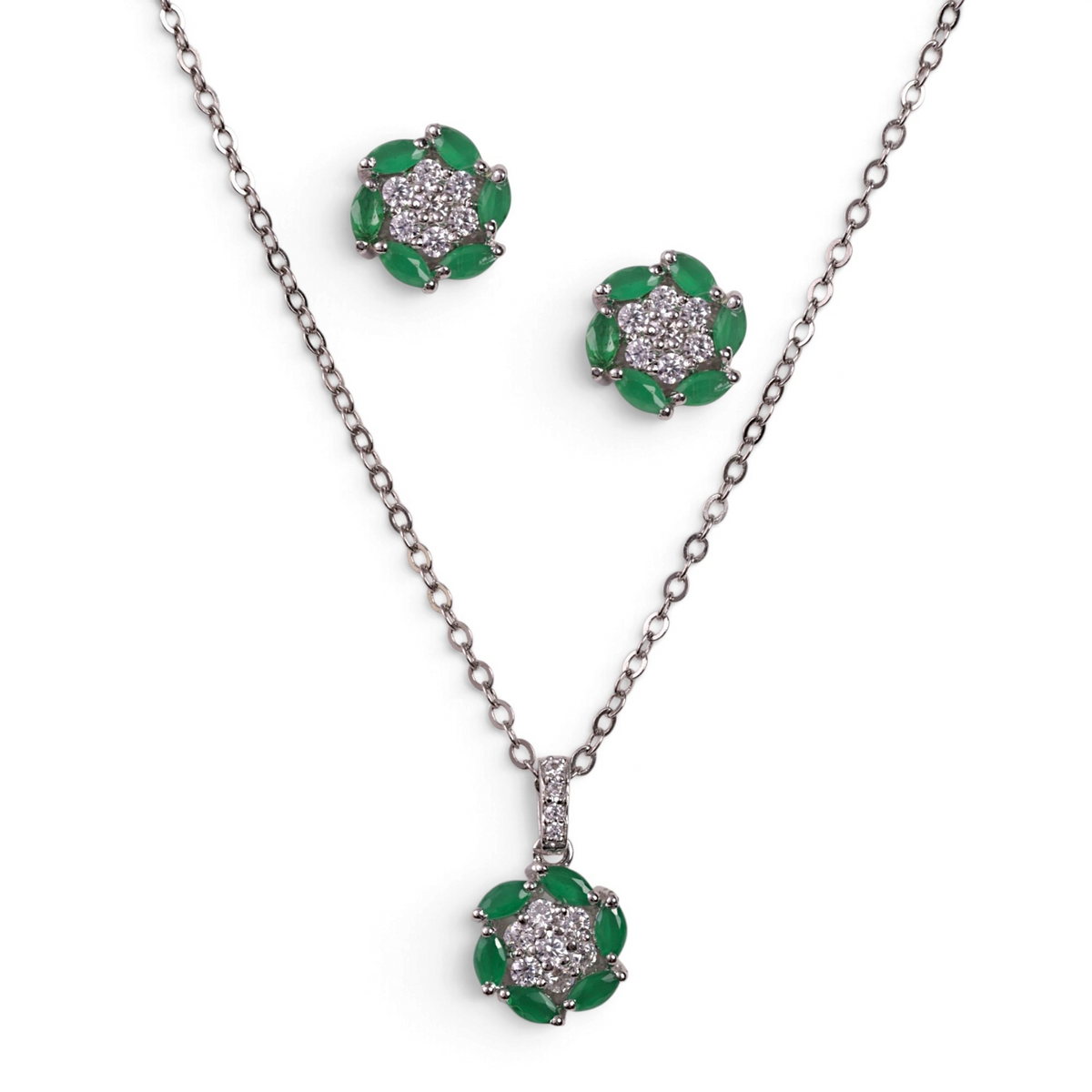 Green Blossom Floral Pendant & Stud Earrings Set